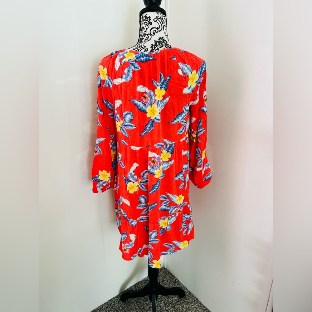 Old Navy Women’s Tropical Floral Peasant Tasseled 3/4 Sleeve Mini Swing Dress M - Picture 2 of 11